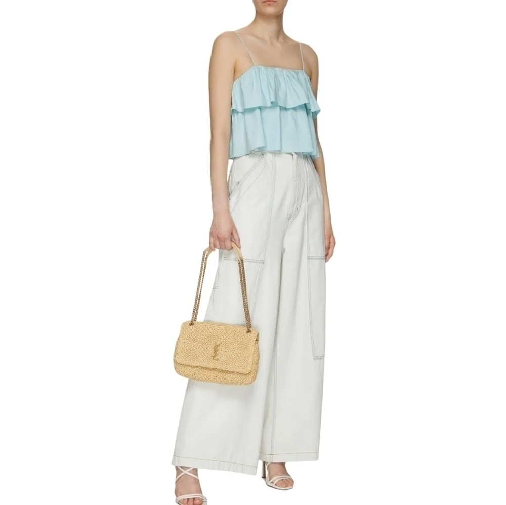 alice + olivia Cropped Tiered Linen-blend Top, Size 8, Blue, NWT